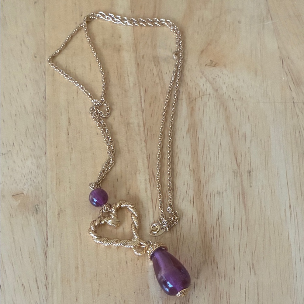 Avon Gold-Tone Heart Necklace with Purple Beads